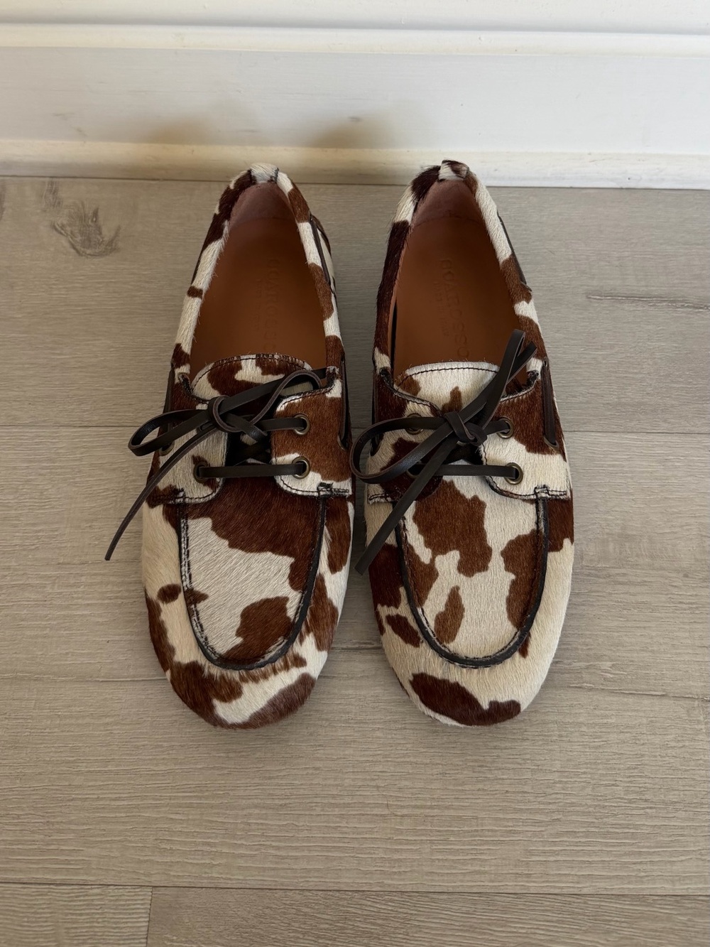 Avery Cowprint Pony Hair Boat Shoes - Brown & White animal print